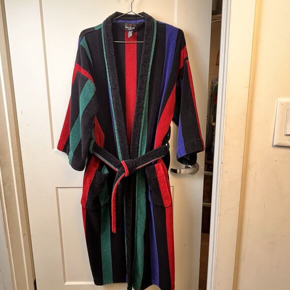 Vtg Bill Blass Heavy Men’s Robe One Size Cotton Terry Vertical Stripes Belted - Picture 1 of 10